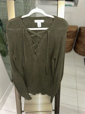 Lace-Up V-Neck Olive Green Women's Sweater